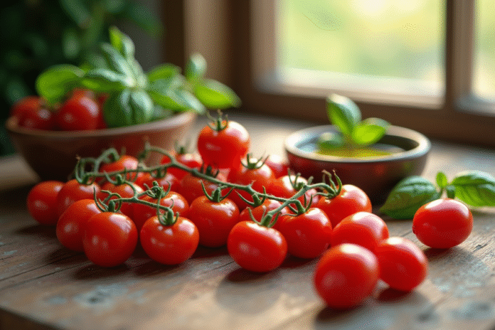 Mains avec tomates cerises sur une table en bois rustique