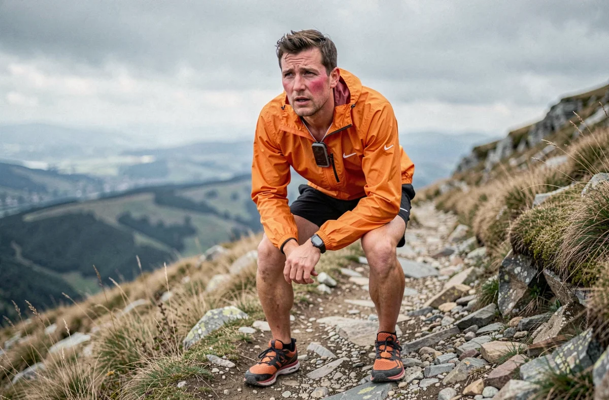 Coureur de trail portant un cardiofréquencemètre sur sentier montagneux pour optimiser allure et fréquence cardiaque à l'entraînement