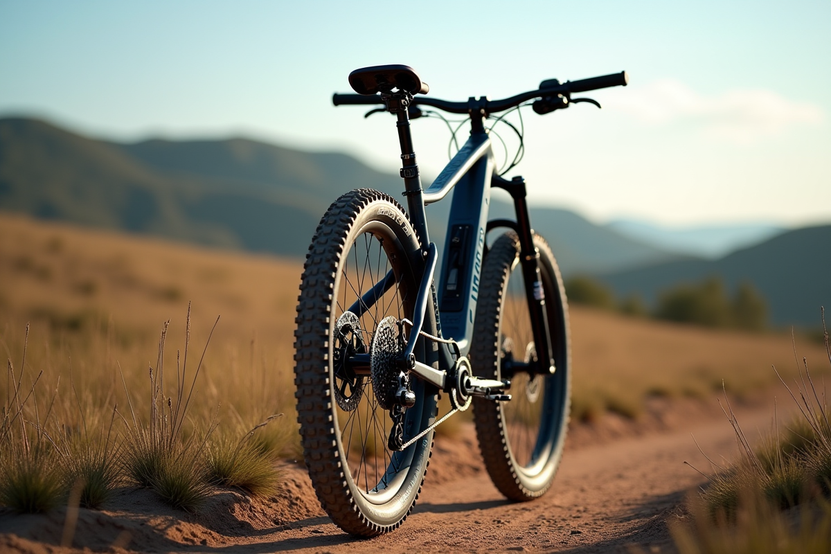 VTT posé sur un sentier avec paysage naturel en arrière-plan