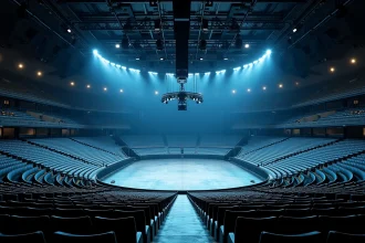 Vue panoramique depuis les gradins supérieurs de la Bercy Arena montrant la scène centrale et les rangées de sièges vides avant un concert