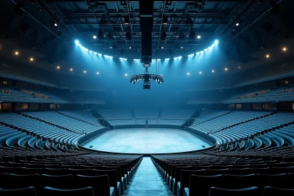 Vue panoramique depuis les gradins supérieurs de la Bercy Arena montrant la scène centrale et les rangées de sièges vides avant un concert
