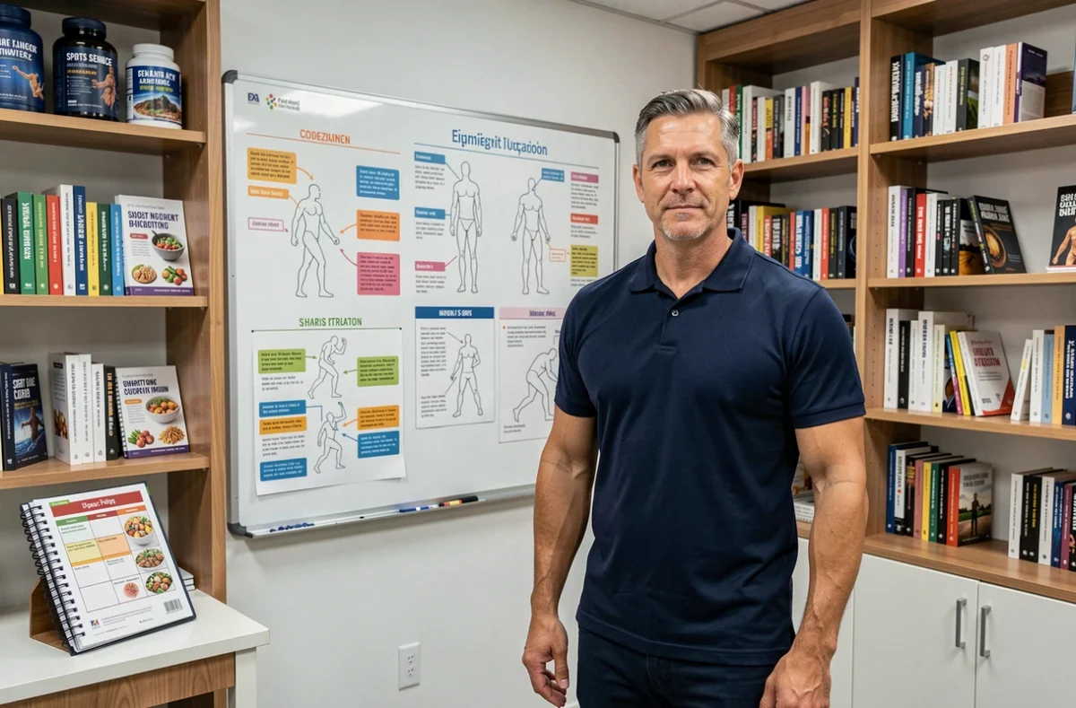 Yann Angevin, coach forme et santé spécialisé en sport et nutrition, devant un tableau de plans alimentaires